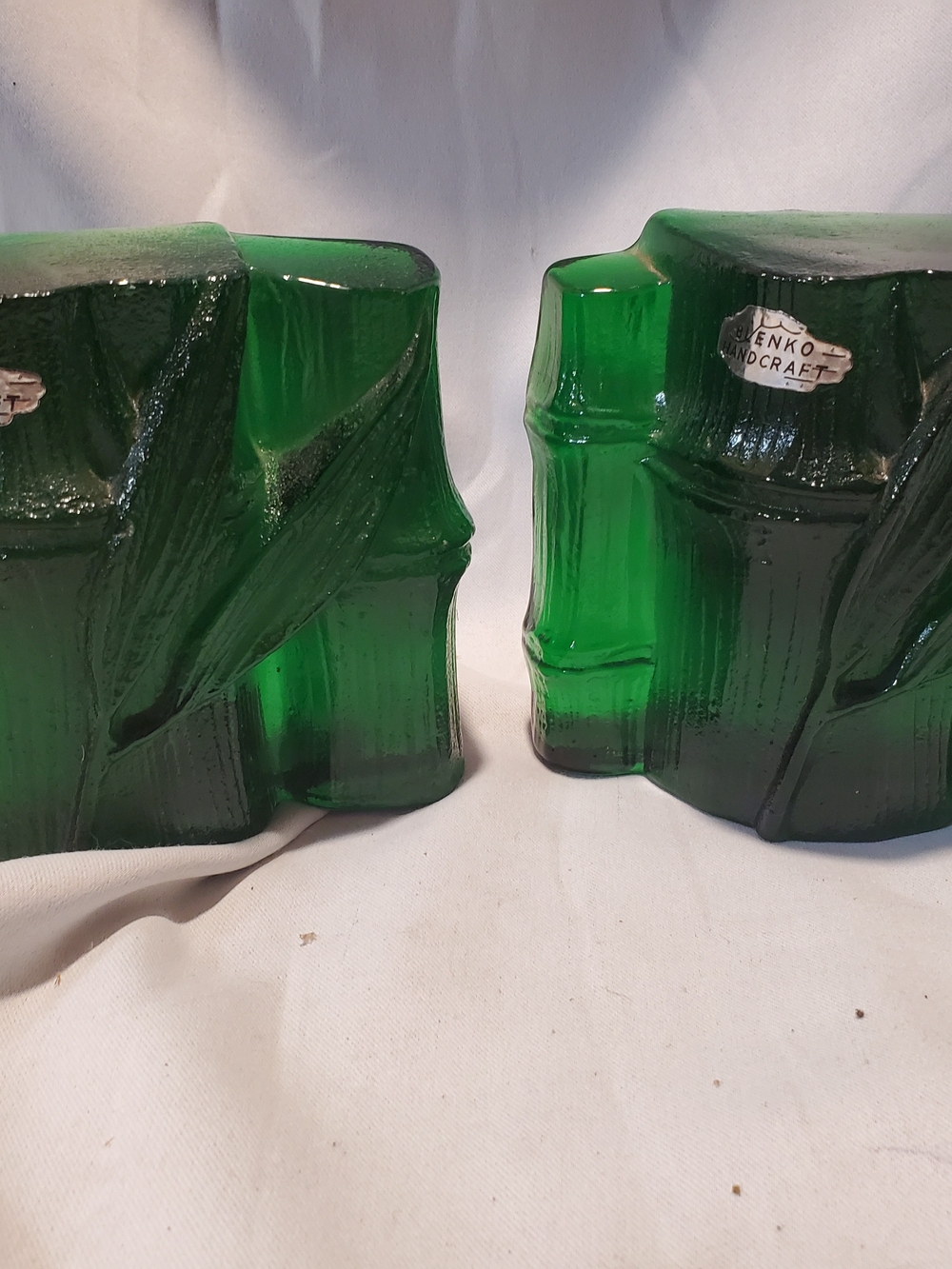 Vintage Blenko Glass Bamboo Bookends #775 Don Shepherd Deep Green Pair original